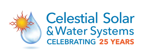Celestial Solar Water Systems colored logo featuring a sun and water droplet, bold blue branding text reading Celestial Solar Water Systems, celebrating 25 years.
