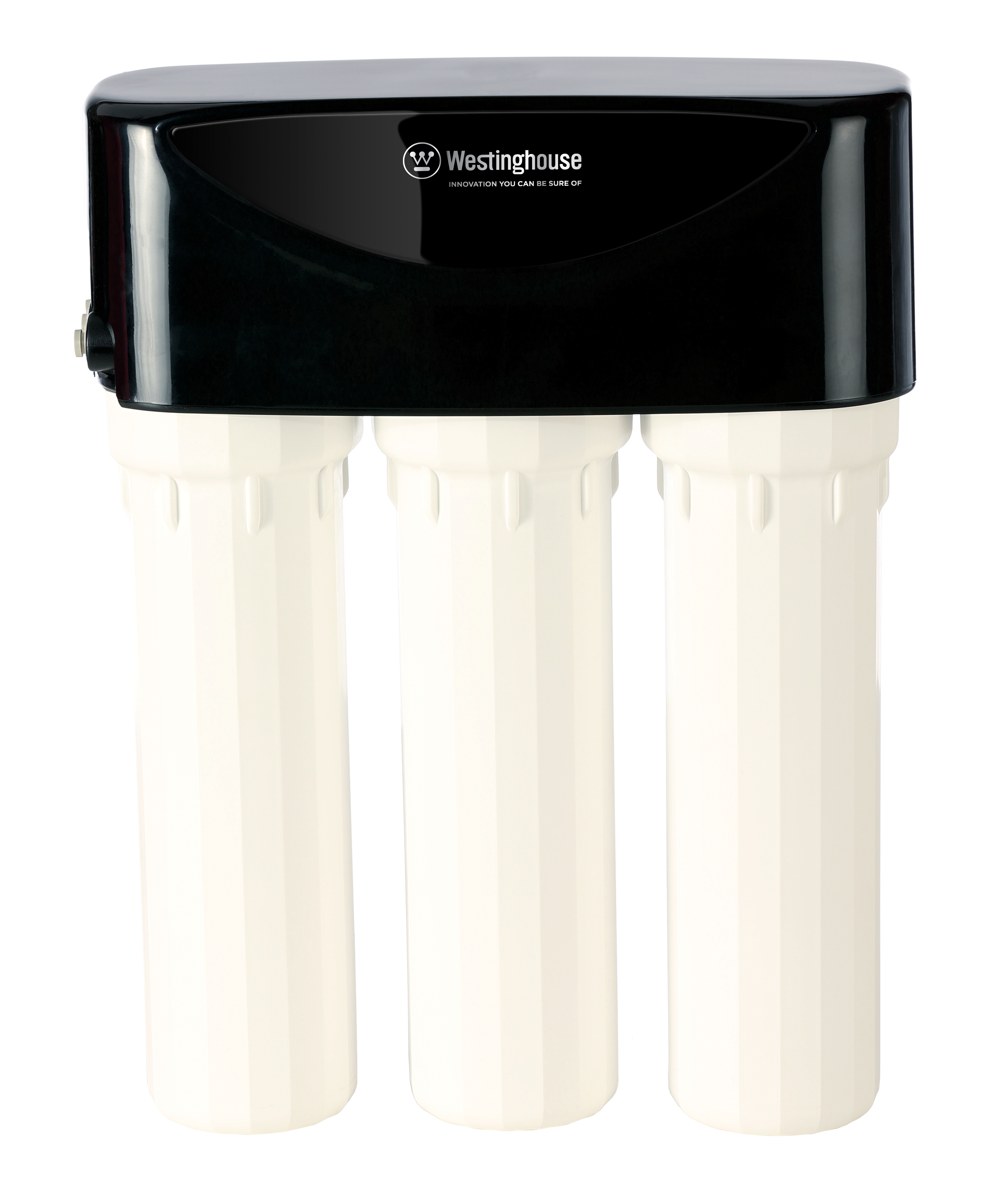Celestial Solar – Reverse Osmosis Westinghouse three-cartridge water filtration unit featuring a glossy black top housing and three white cylindrical housings, aligned with Celestial Solar reverse osmosis system images.