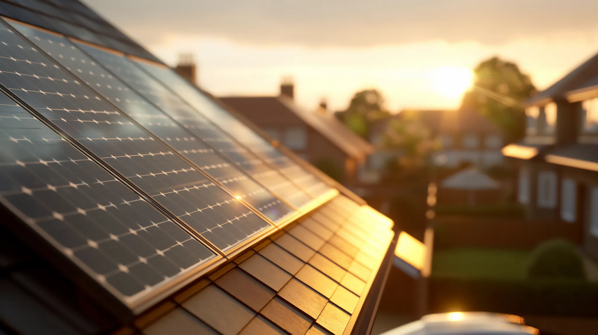 solar_panel_saving (1) Blue-black glossy photovoltaic solar panels on a sunlit roof during golden hour, reflecting warm light over nearby homes, associated with Celestial Solar & Water Systems, Inc.