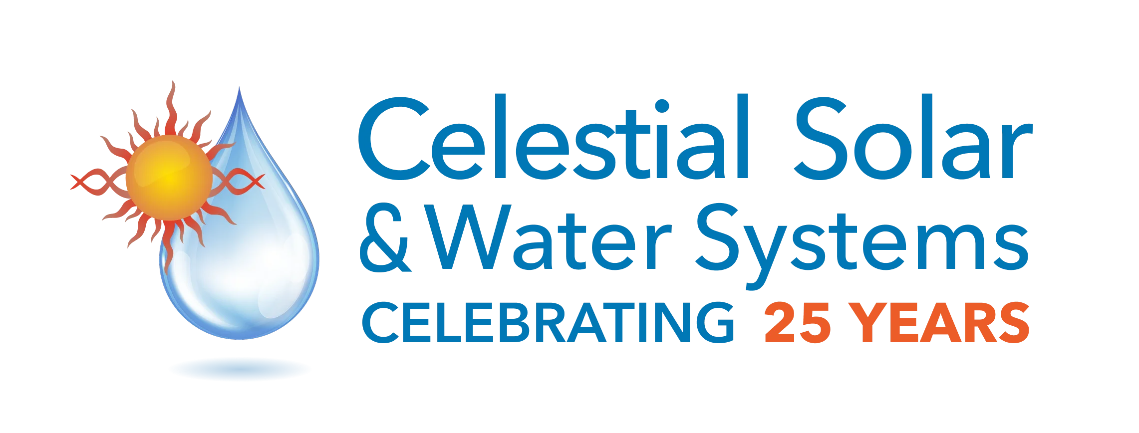 Celestial Solar Water Systems colored logo featuring a sun and water droplet, bold blue branding text reading Celestial Solar Water Systems, celebrating 25 years.