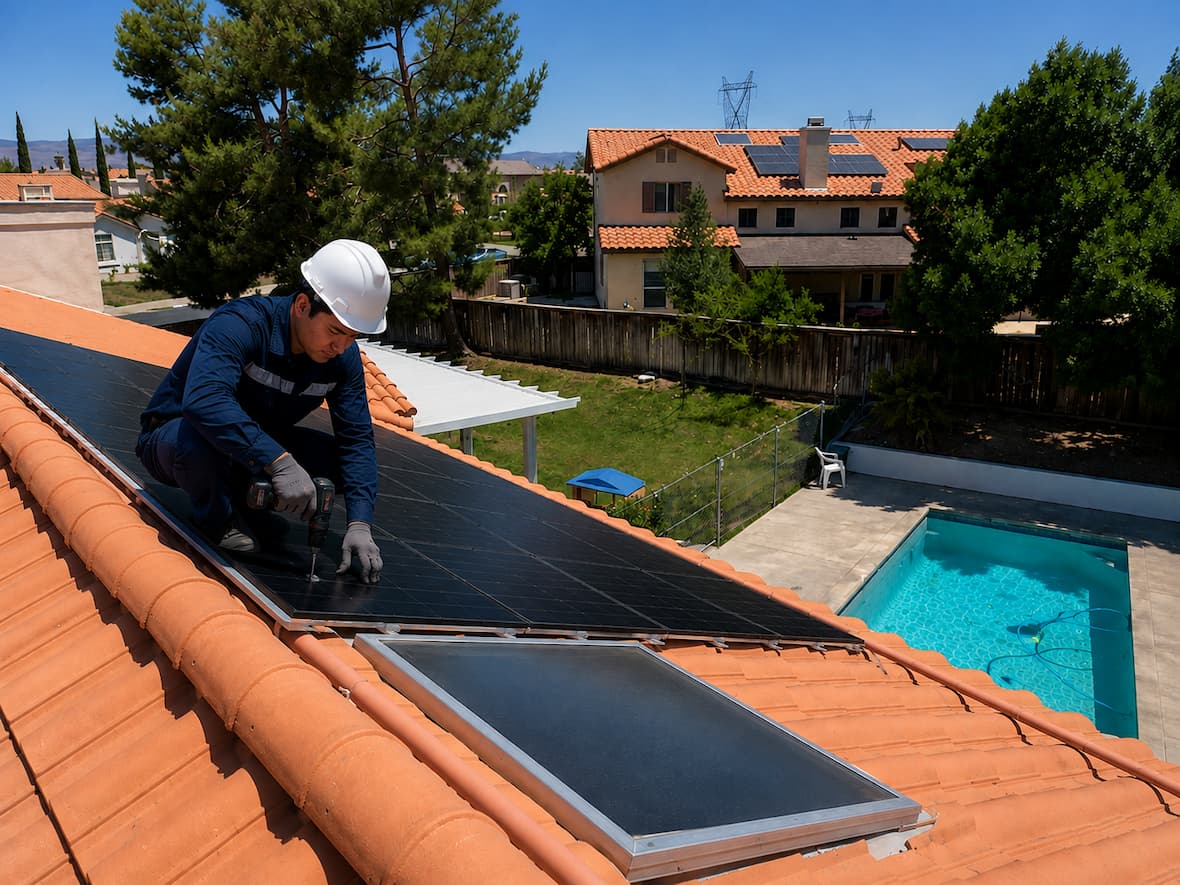 Solar technician in a hard hat installs rooftop panels beside a solar thermal collector overlooking a residential pool.